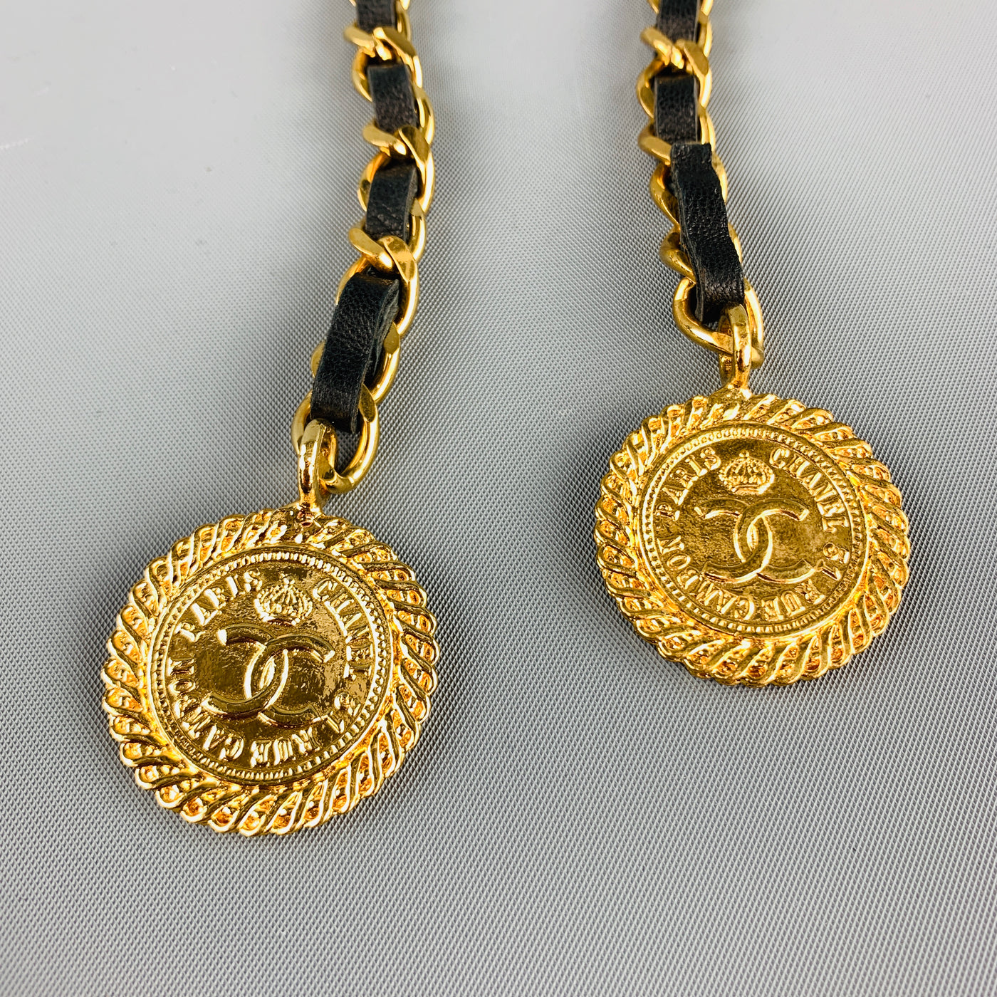 CHANEL Gold Tone Metal Leather Chain Triple 3 Pin Chatelaine Brooch Belt