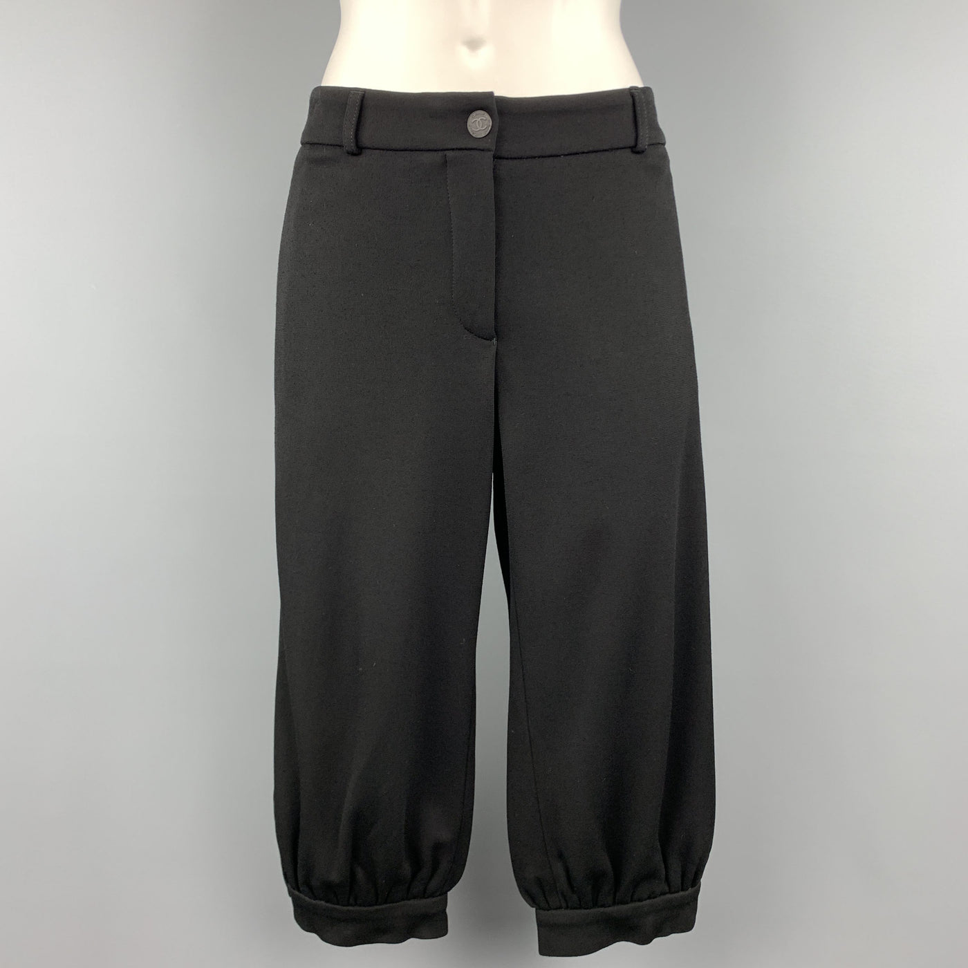 CHANEL Size 10 Black Modal Blend Wide Leg Ruched Capri Pants