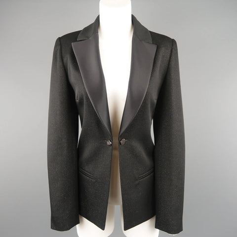CHANEL Size 10 Black Sparkle Twill Satin Peak Lapel Tuxedo Jacket CHANEL