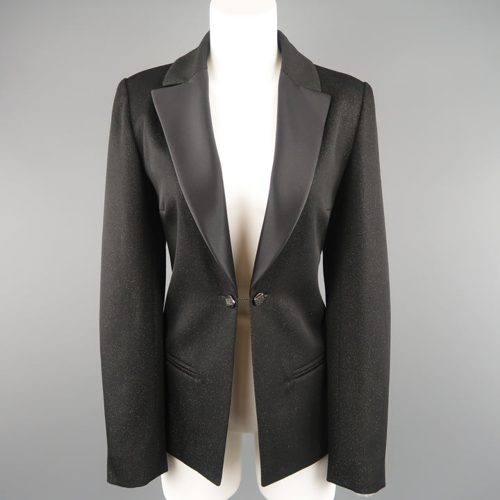 CHANEL Taille 10 Veste de smoking à revers en satin sergé scintillant noir
