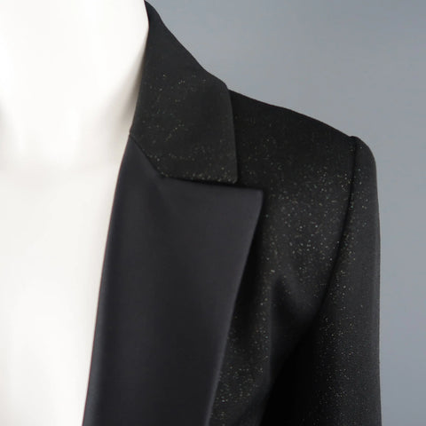 CHANEL Size 10 Black Sparkle Twill Satin Peak Lapel Tuxedo Jacket CHANEL