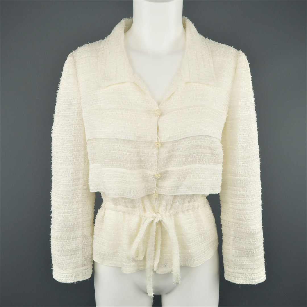 CHANEL Size 6 Cream Textured Silk Blend Drawstring Waist Jacket