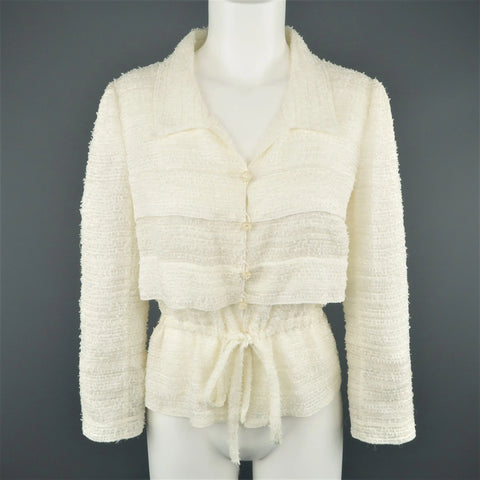 CHANEL Size 6 Cream Textured Silk Blend Drawstring Waist Jacket CHANEL