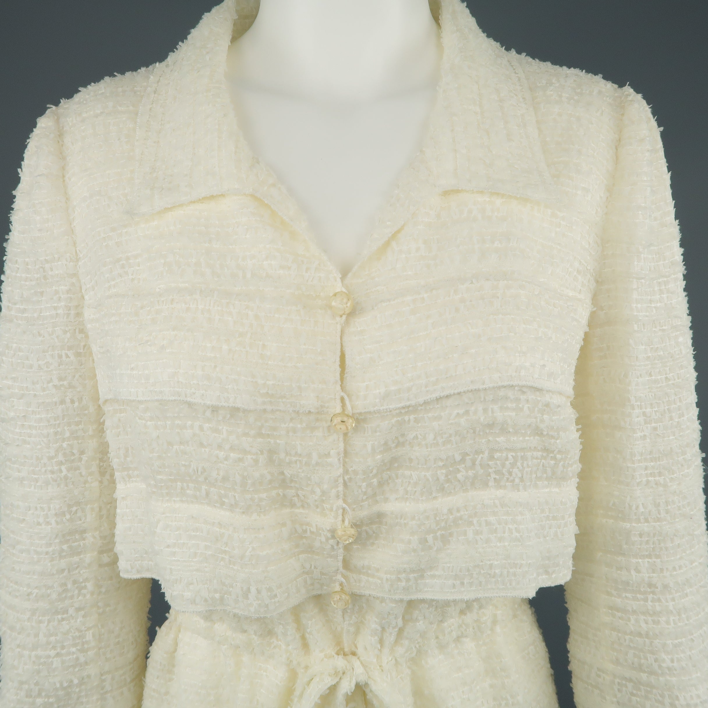 CHANEL Size 6 Cream Textured Silk Blend Drawstring Waist