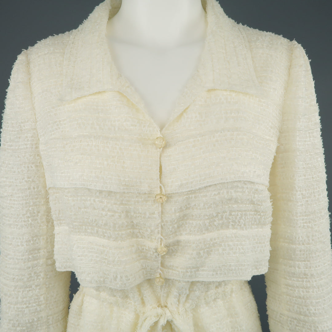 CHANEL Size 6 Cream Textured Silk Blend Drawstring Waist Jacket