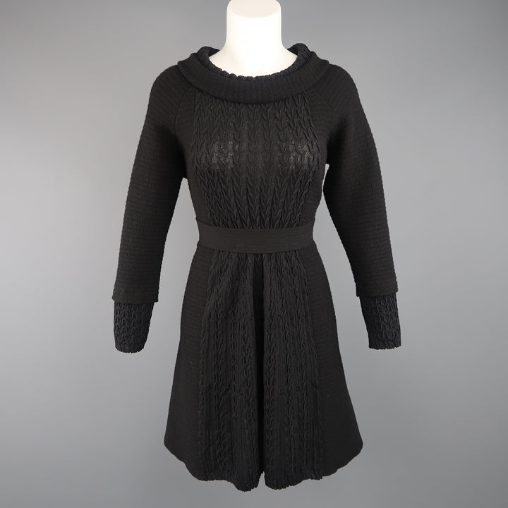 CHANEL Size 8 Black Wool Knit Textured Panel Lion Head Button A Line Dress