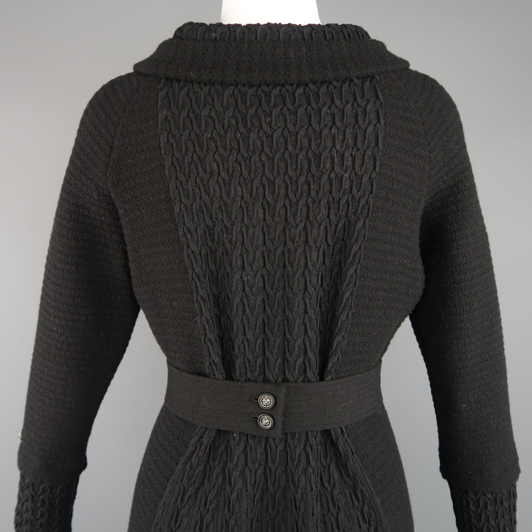 CHANEL Size 8 Black Wool Knit Textured Panel Lion Head Button A Line Dress