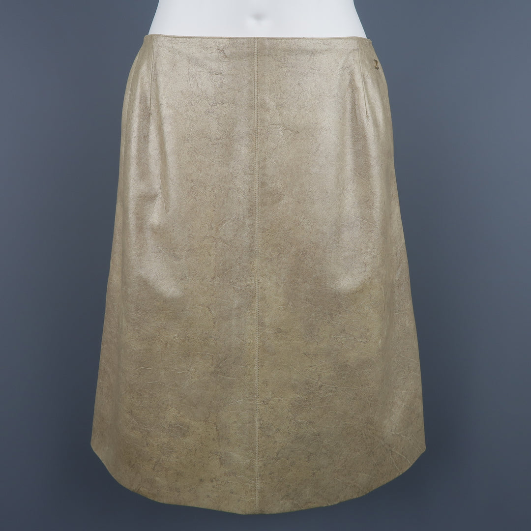 CHANEL Size 8 Metallic Gold Marbled Leather A Line Skirt