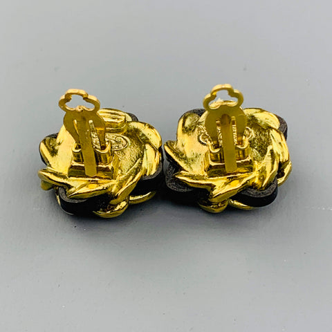 CHANEL VINTAGE 1994 Gold Tone & Black Woven Chain Faux Pearl Clip On Earrings