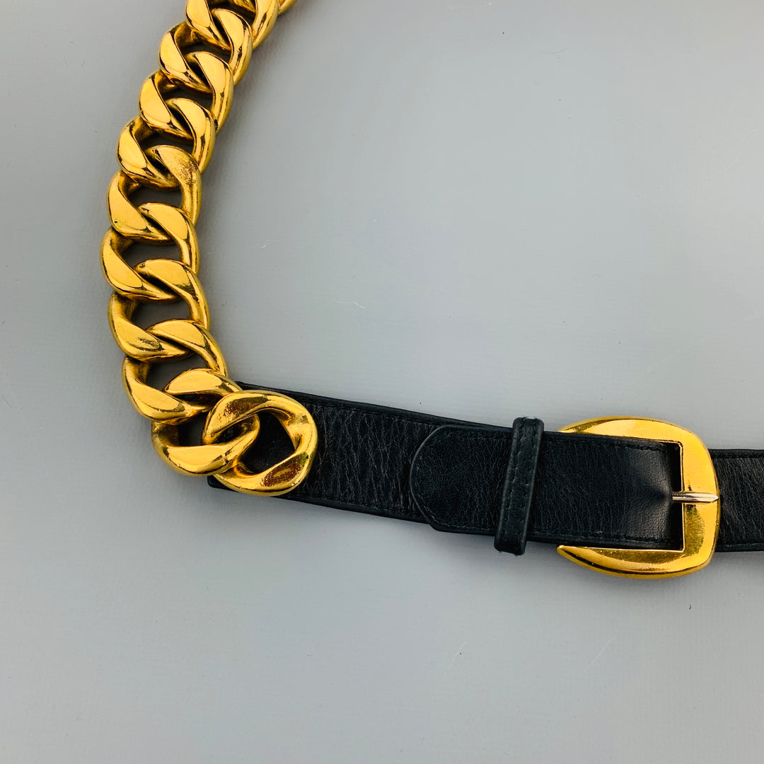 Chanel Vintage Gold Chain Belt with Black Leather Buckle For Sale