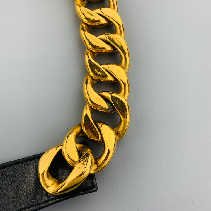 CHANEL Vintage 1990's Gold Tone Chunky Curb Chain & Black Leather Belt