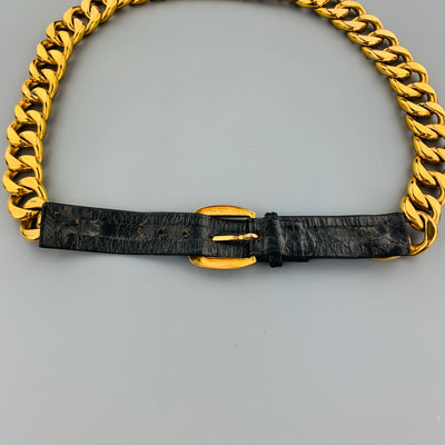 CHANEL Vintage 1990's Gold Tone Chunky Curb Chain & Black Leather Belt