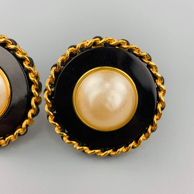 CHANEL Vintage Black & Gold Tone Leather Woven Chain Pearl Clip On Earrings