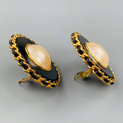 CHANEL Vintage Black & Gold Tone Leather Woven Chain Pearl Clip On Earrings