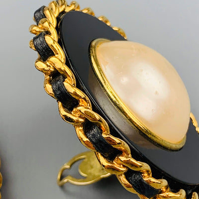 CHANEL Vintage Black & Gold Tone Leather Woven Chain Pearl Clip On Earrings