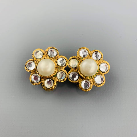 CHANEL Vintage Gold Tone Faux Pearl & Rhinestone Cluster Clip On Earrings