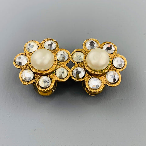 CHANEL Vintage Gold Tone Faux Pearl & Rhinestone Cluster Clip On Earrings
