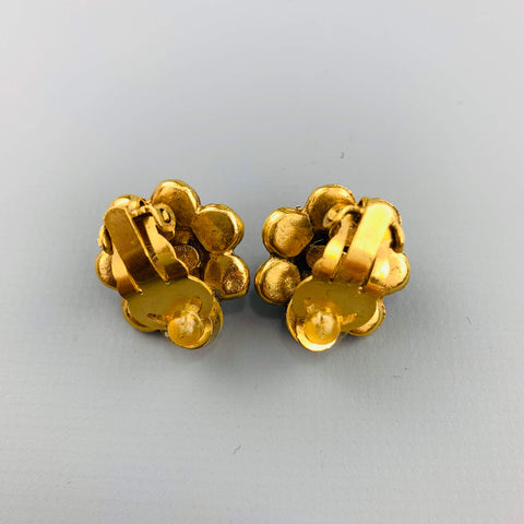 CHANEL Vintage Gold Tone Faux Pearl & Rhinestone Cluster Clip On Earrings