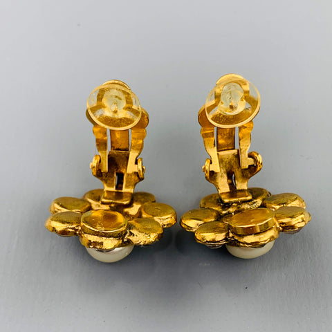 CHANEL Vintage Gold Tone Faux Pearl & Rhinestone Cluster Clip On Earrings