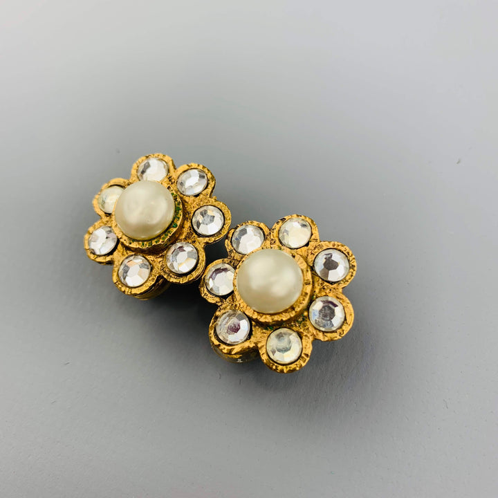 CHANEL Vintage Gold Tone Faux Pearl & Rhinestone Cluster Clip On Earrings