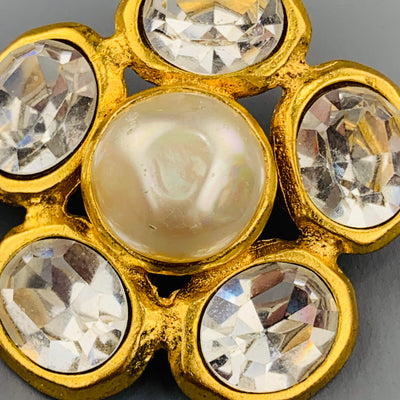 CHANEL Vintage Gold Tone Faux Pearl & Rhinestone Cluster Clip On Earrings