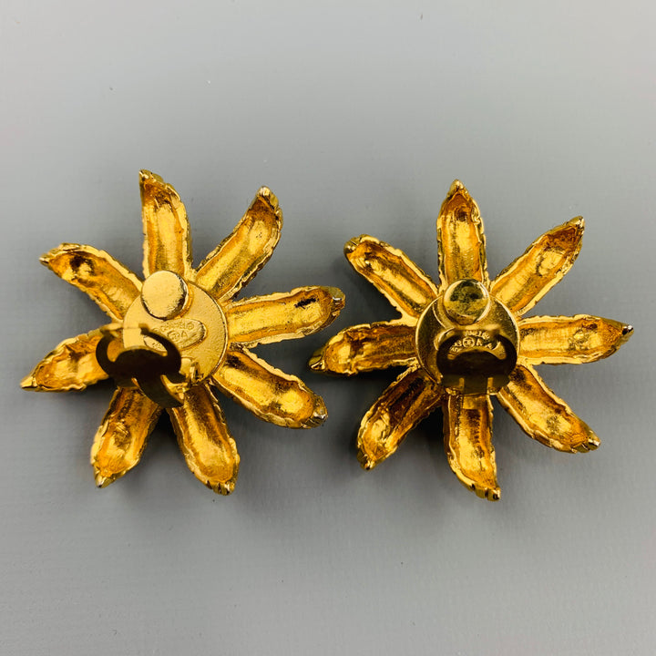 CHANEL Vintage Gold Tone Faux Pearl Flower Clip On Earrings