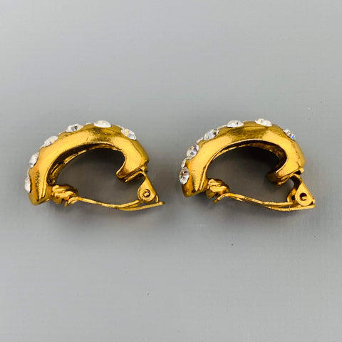 CHANEL Season 23 Gold Tone Rhinestone Half Hoop Clip On Earrings