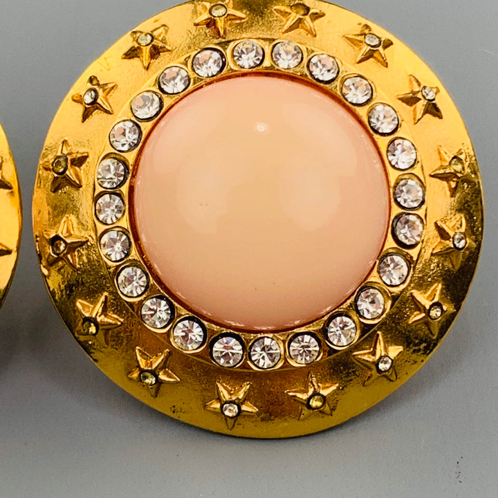 CHANEL Vintage Gold Tone Rhinestones Pink Stone Stars Clip On Earrings