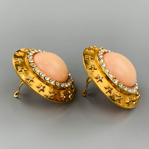 CHANEL Vintage Gold Tone Rhinestones Pink Stone Stars Clip On Earrings