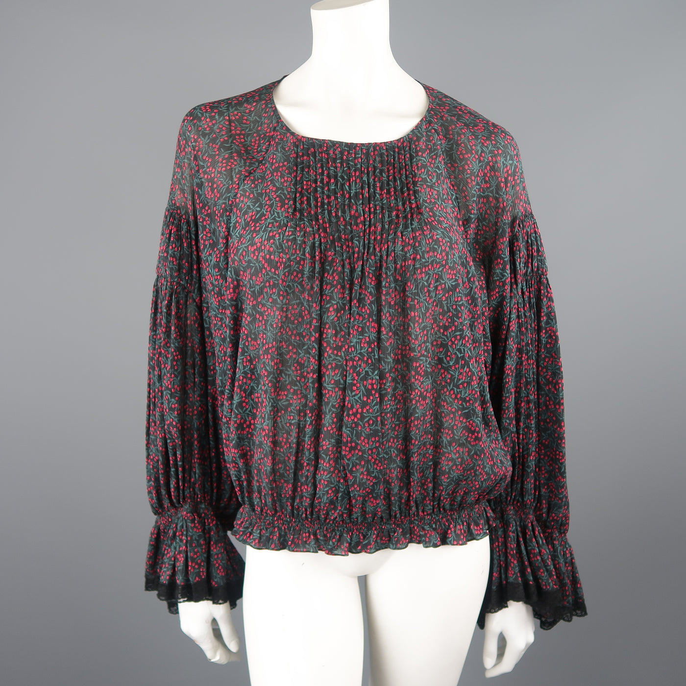 CHLOE Size 2 Black Cotton / Silk Berry Print Peasant Blouse