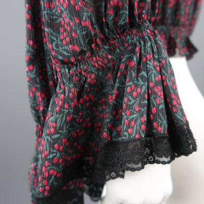 CHLOE Size 2 Black Cotton / Silk Berry Print Peasant Blouse
