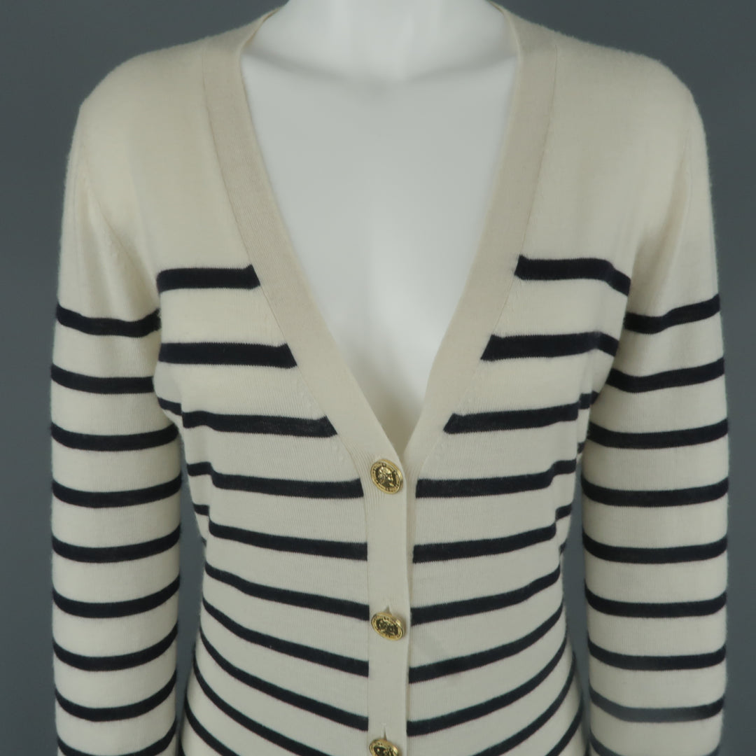 CHLOE Size M Cream & Navy Sailor Striped Cashmere Gold Button Long Cardigan