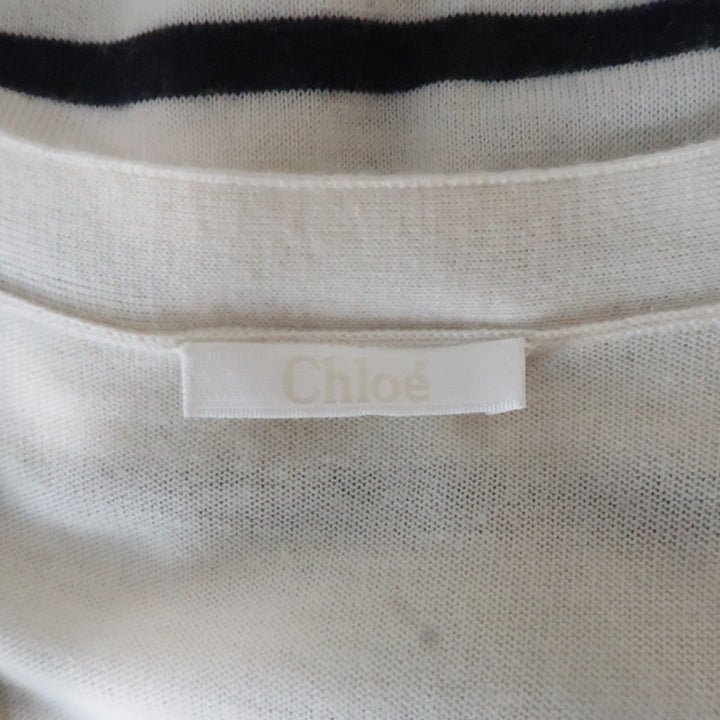 CHLOE Size M Cream & Navy Sailor Striped Cashmere Gold Button Long Cardigan