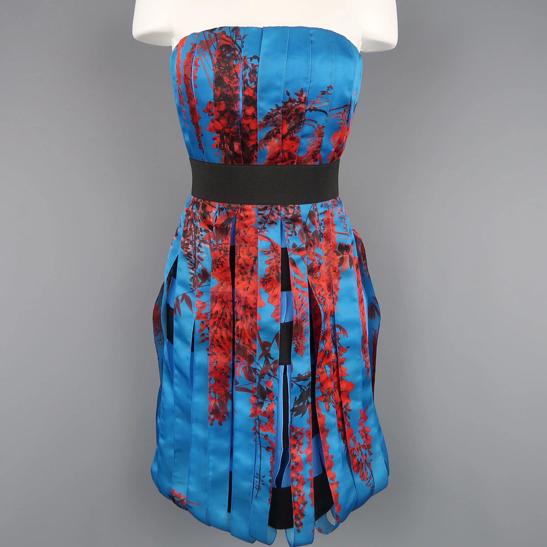 CHRISTIAN DIOR Size 4 Blue & Red Floral Silk Ribbon Bustier Cocktail D Sui Generis Designer Consignment CHRISTIAN DIOR Size 4 Blue & Red Floral Silk Ribbon Bustier Cocktail D Sui Generis Designer Consignment