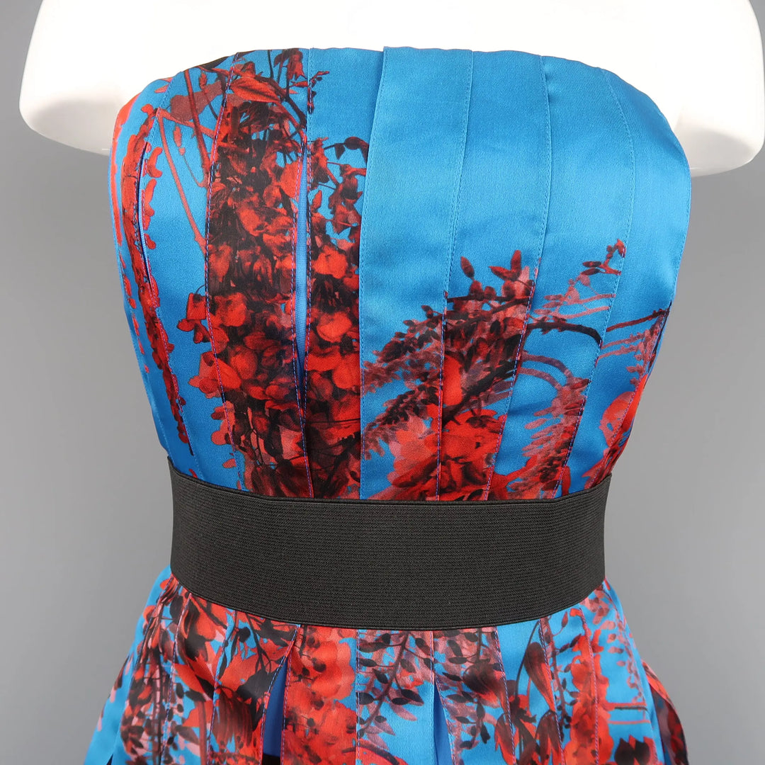 CHRISTIAN DIOR Size 4 Blue & Red Floral Silk Ribbon Bustier Cocktail D Sui Generis Designer Consignment CHRISTIAN DIOR Size 4 Blue & Red Floral Silk Ribbon Bustier Cocktail D Sui Generis Designer Consignment