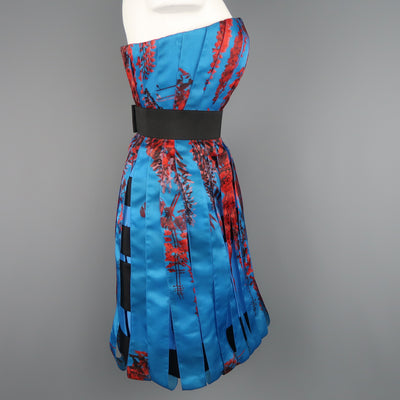 CHRISTIAN DIOR Size 4 Blue & Red Floral Silk Ribbon Bustier Cocktail Dress