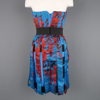 CHRISTIAN DIOR Size 4 Blue & Red Floral Silk Ribbon Bustier Cocktail Dress