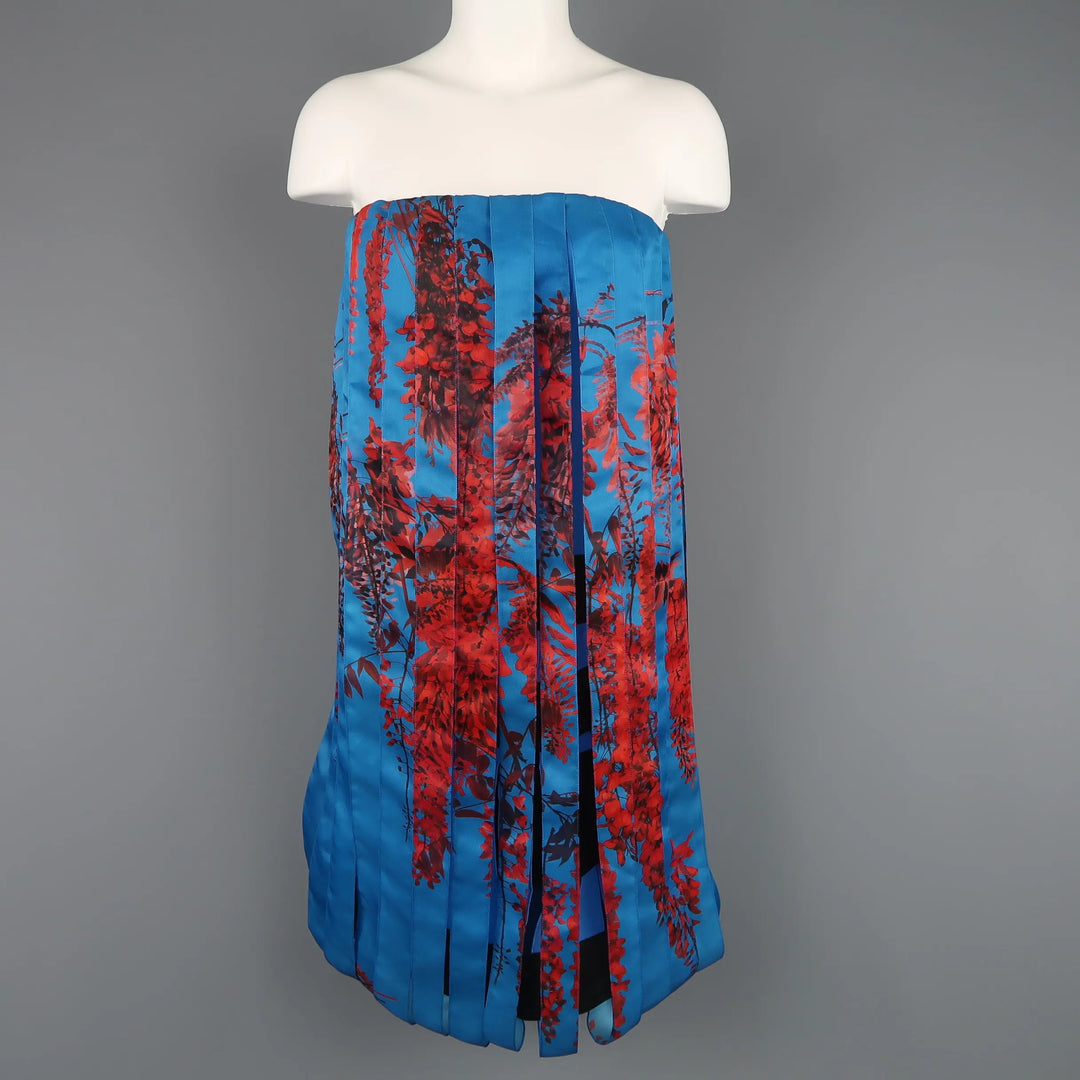 CHRISTIAN DIOR Size 4 Blue & Red Floral Silk Ribbon Bustier Cocktail Dress