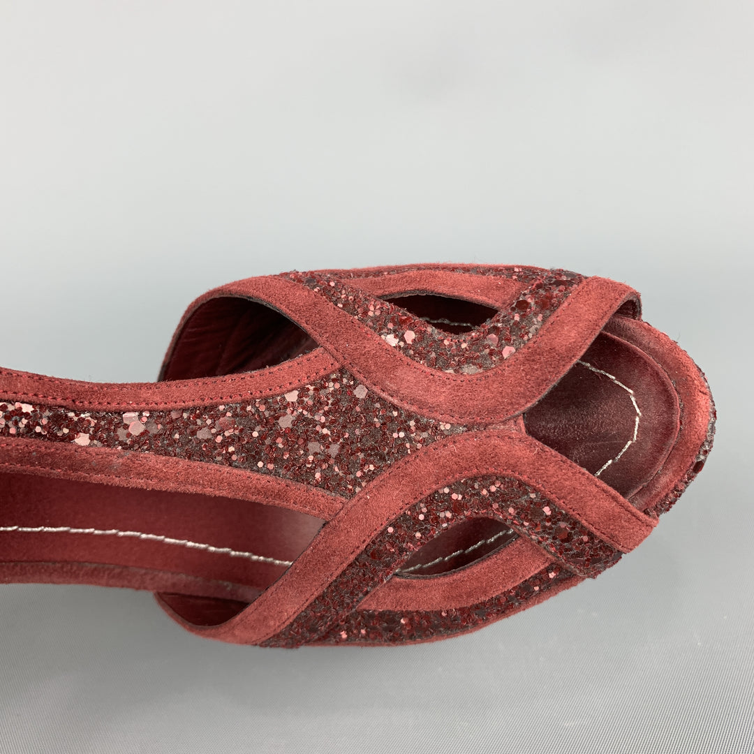 CHRISTIAN DIOR Size 8 Burgundy Glitter Suede T Strap Platform Celeste Sandals