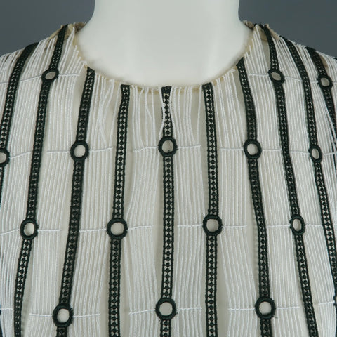 CHRISTIAN DIOR Size XS White & Forest Green Striped Floral Lace Fringe Blouse CHRISTIAN DIOR
