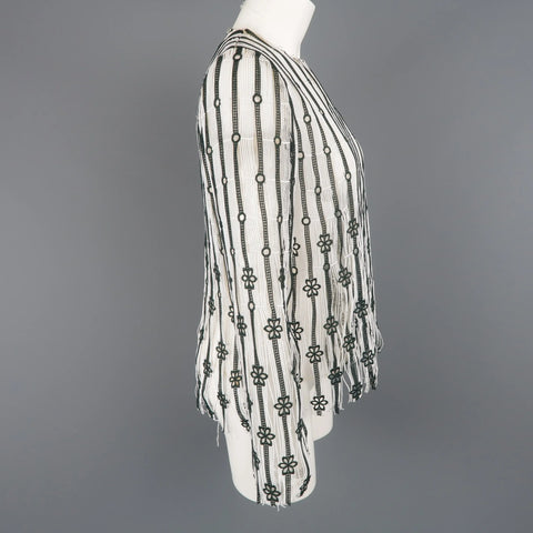 CHRISTIAN DIOR Size XS White & Forest Green Striped Floral Lace Fringe Blouse CHRISTIAN DIOR