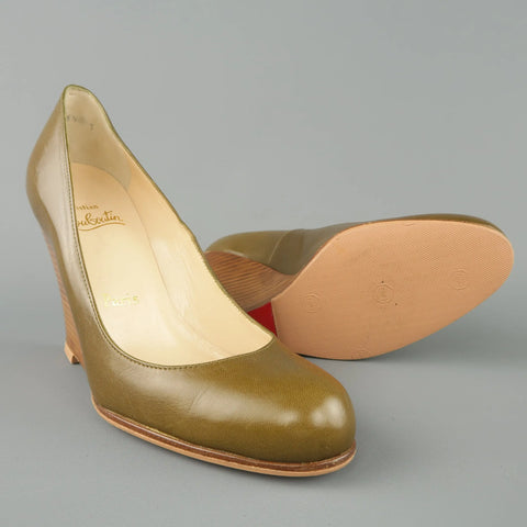 CHRISTIAN LOUBOUTIN Size 6.5 Olive Green Leather Stacked Wedge Pumps CHRISTIAN LOUBOUTIN