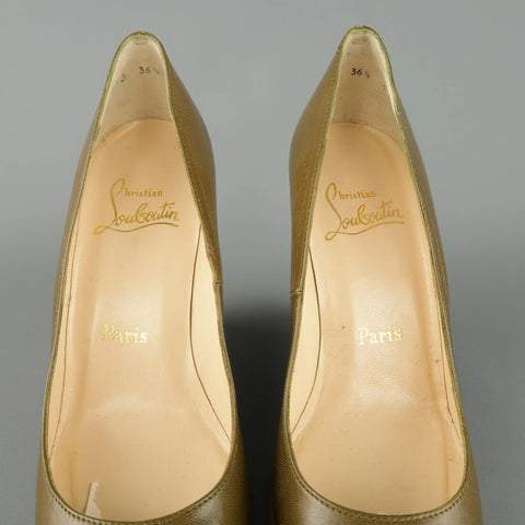 CHRISTIAN LOUBOUTIN Size 6.5 Olive Green Leather Stacked Wedge Pumps CHRISTIAN LOUBOUTIN