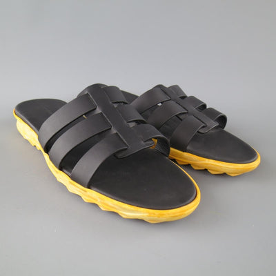 CHRISTOPHER KANE Size 11 Black Leather Yellow Rubber Sole Sandals