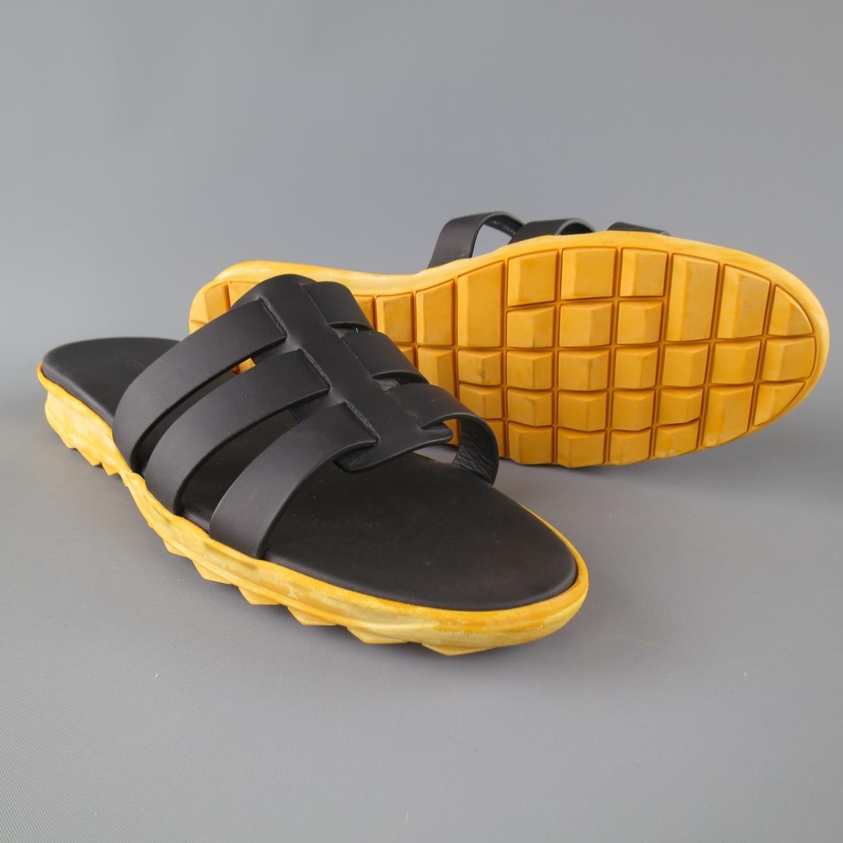 CHRISTOPHER KANE Size 11 Black Leather Yellow Rubber Sole Sandals