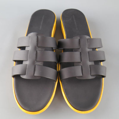 CHRISTOPHER KANE Size 11 Black Leather Yellow Rubber Sole Sandals