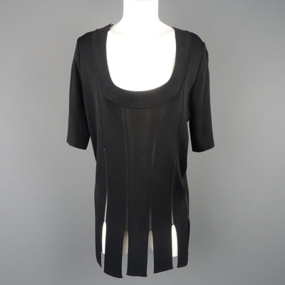 CLAUDE MONTANA Size 10 Black Burnout Stripe Scoop Neck Sweater Dress