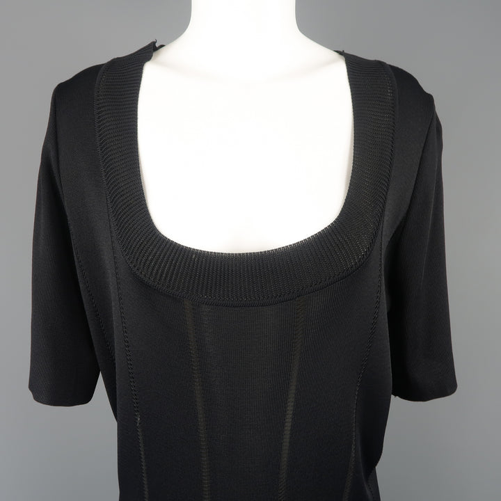 CLAUDE MONTANA Size 10 Black Burnout Stripe Scoop Neck Sweater Dress