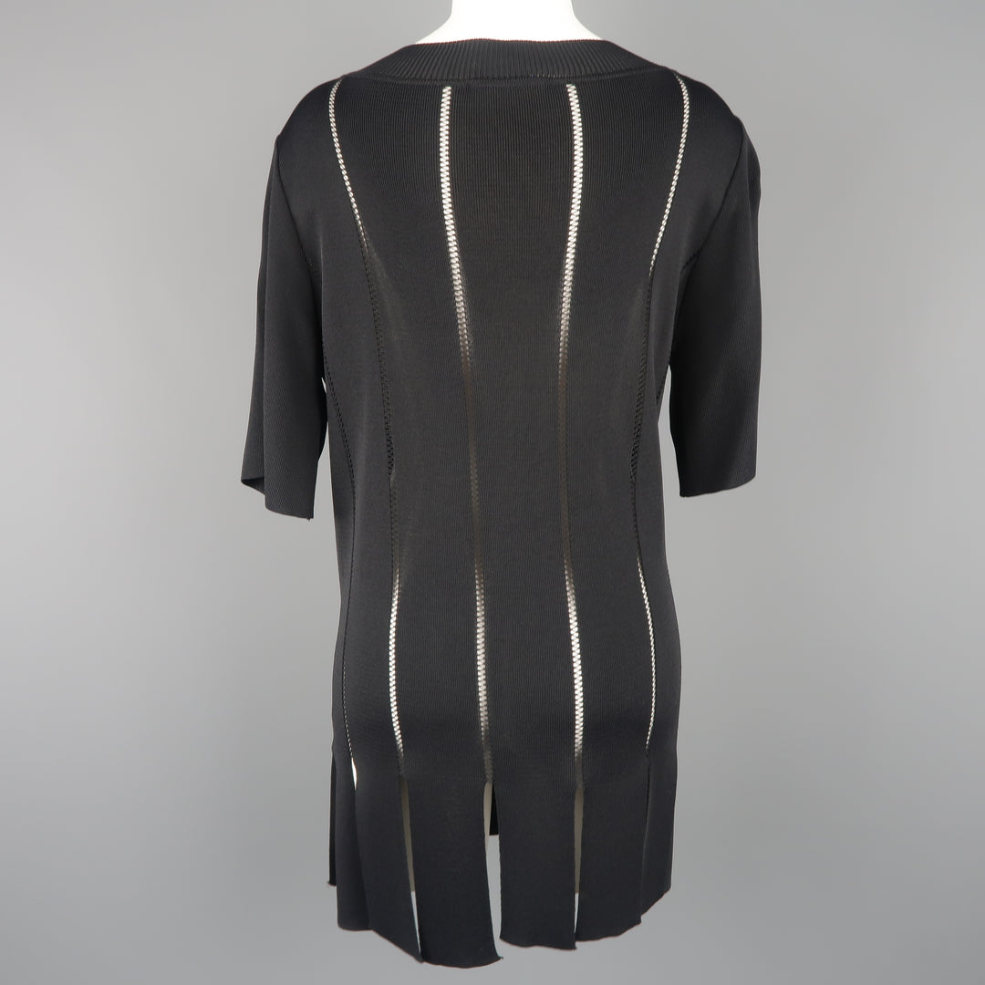 CLAUDE MONTANA Size 10 Black Burnout Stripe Scoop Neck Sweater Dress