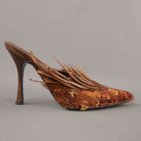 CLAUDIO MERAZZI Talla 10 Mules de plumas de faisán de cuero texturizado marrón